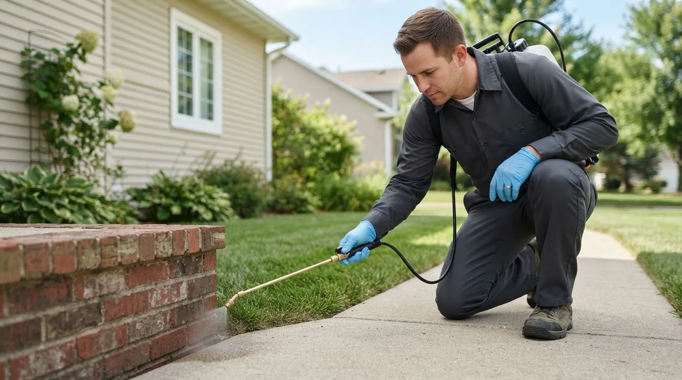 Pest control technician treating a home near Searsboro, IA