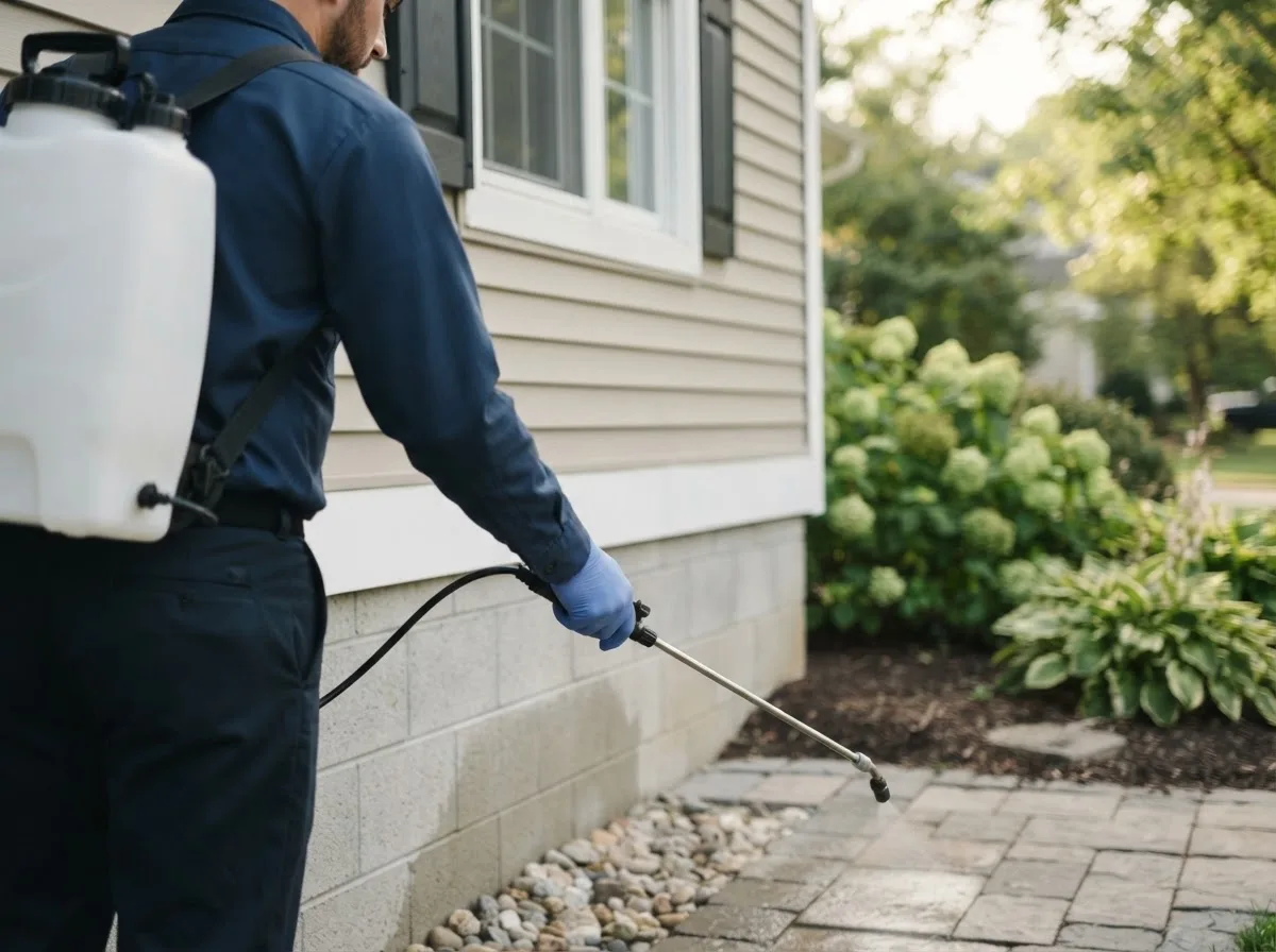 Pest control technician inspecting a home in Searsboro, IA